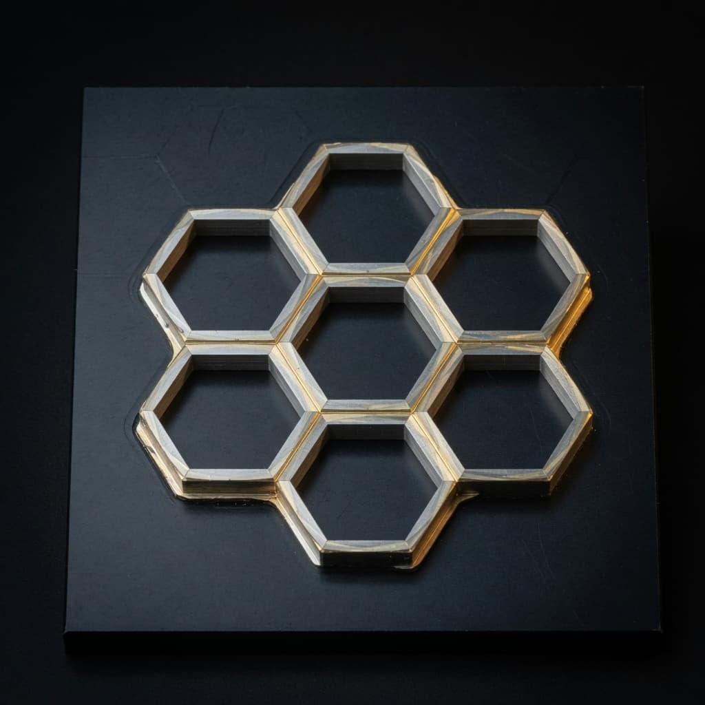 Machined honeycomb mark on dark metal.