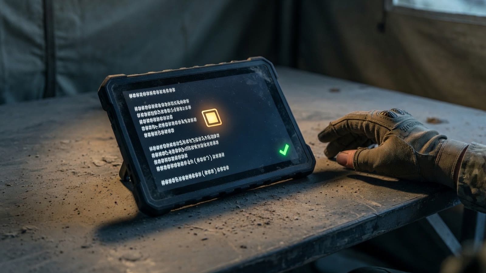 Rugged handheld on a tent table showing a file-mount icon, hash marks, and a green verification mark.