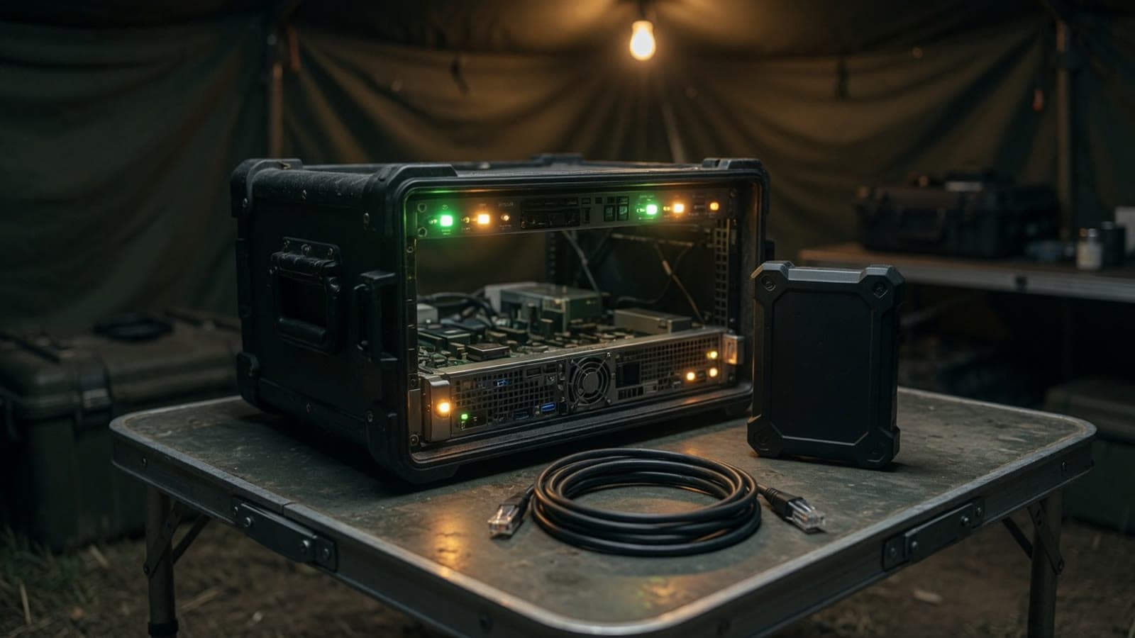 An edge computer in a rack case inside a field tent, with a portable drive and a coiled local cable.