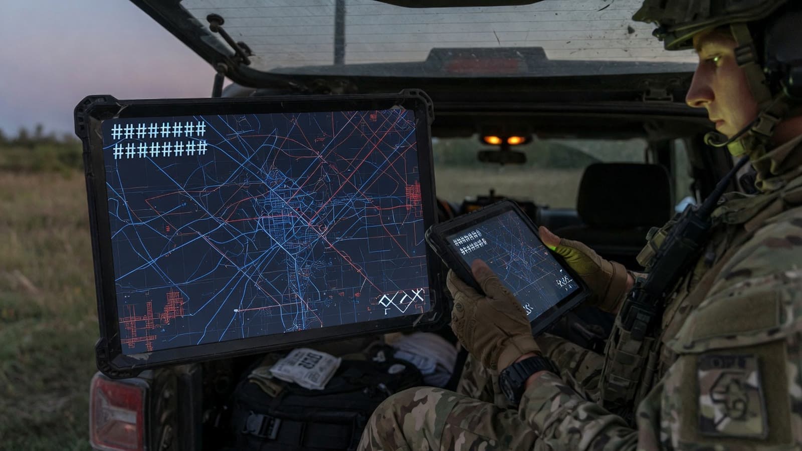 Operator in a field vehicle reviewing a rugged tablet with a dark map and abstract receipt marks. Conceptual.