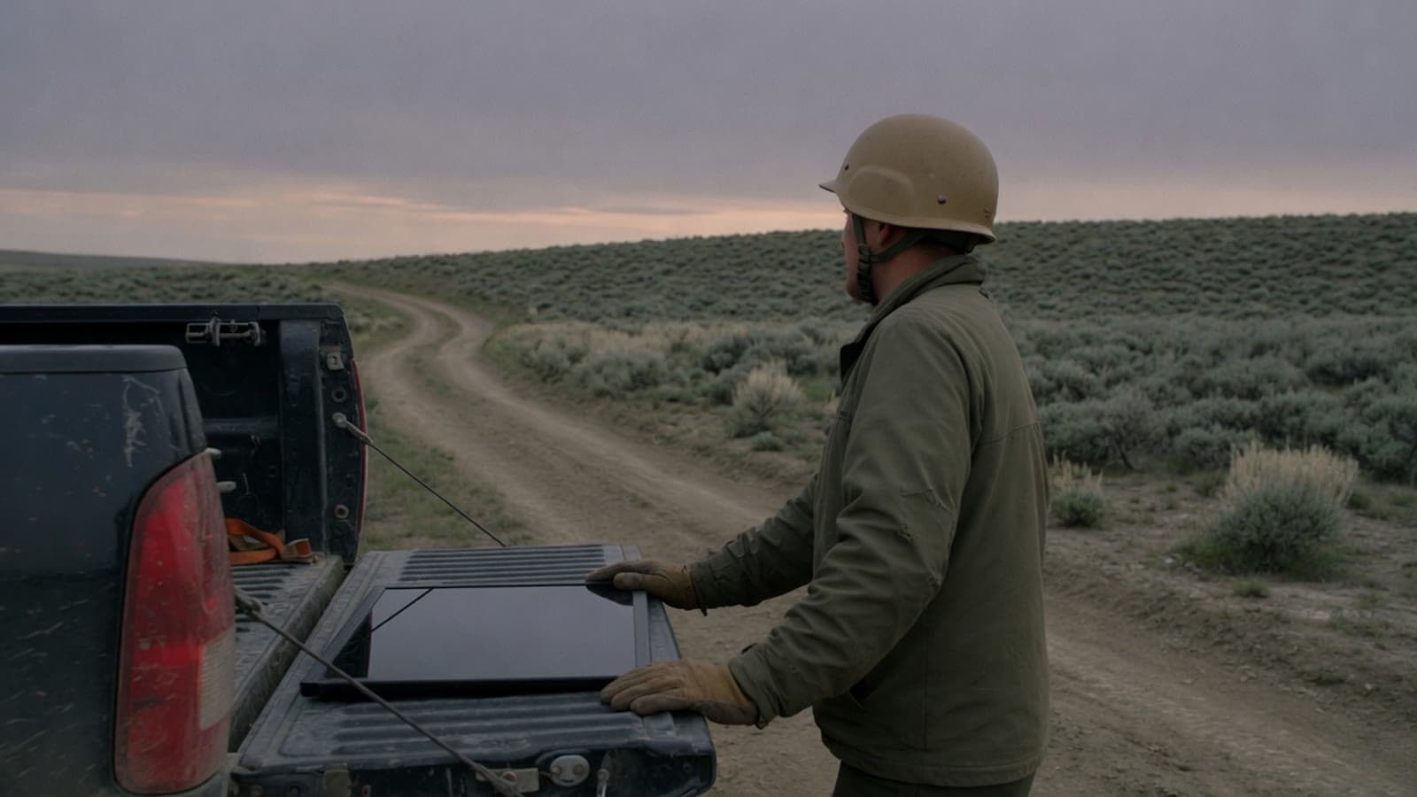 An operator at a truck tailgate beside a dark closed panel, looking out over a dusk ridge. Conceptual.