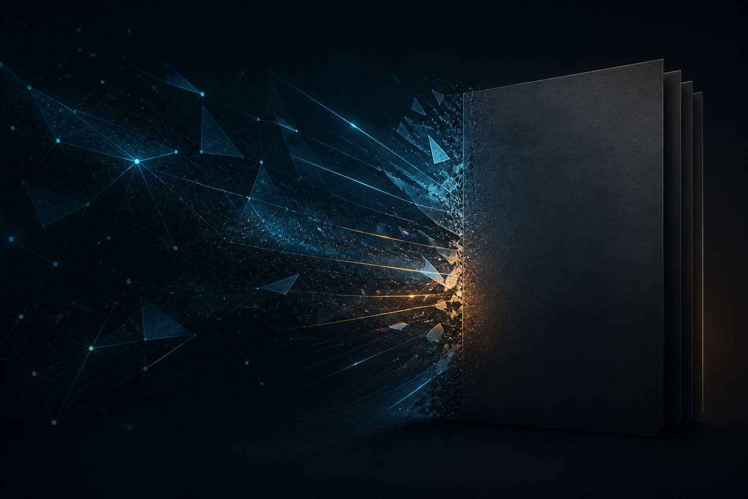 Abstract vector network dissolving into a solid document plane.
