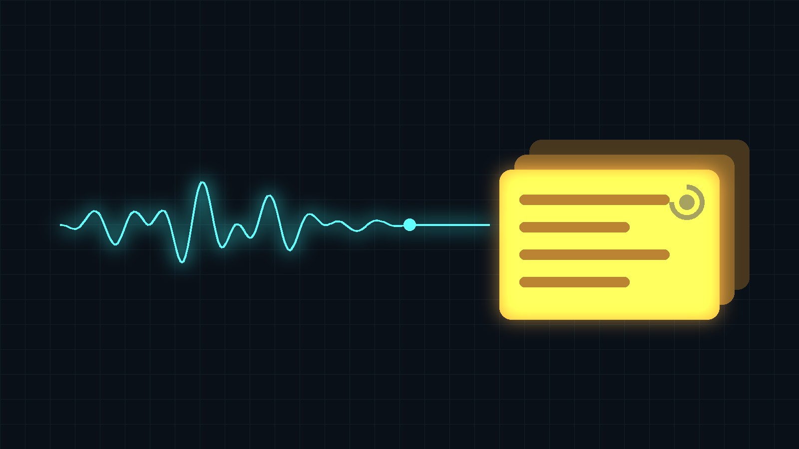 A teal voice waveform feeding into a stack of bright amber task cards on a dark grid background