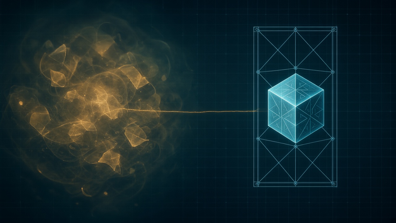 A hazy amber cloud of memory fragments sends a thin thread that stops at a closed cyan line gate guarding a sharp glowing cube on a dark teal grid