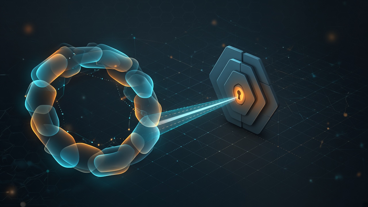 Abstract glowing access ring beside a single beam stopped at a locked capability gate on a dark teal forensic grid