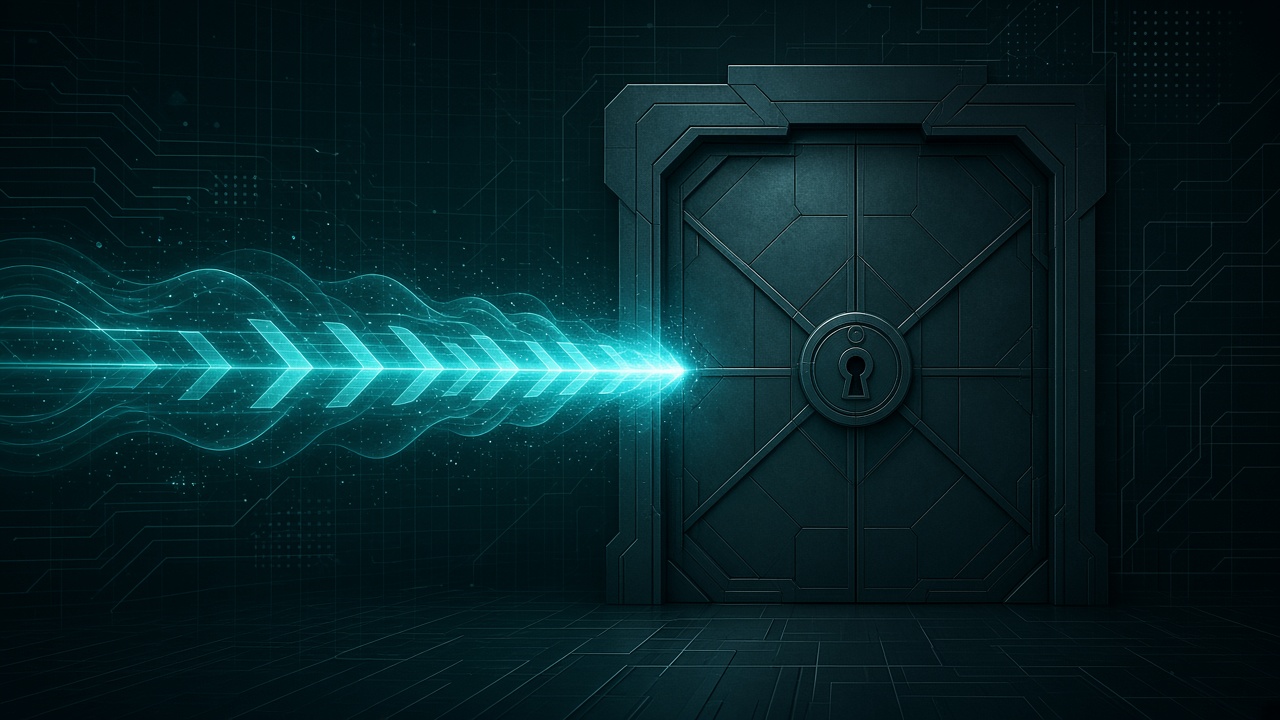 Abstract inbound signal arrow stopped at a locked capability gate on a dark teal forensic grid.