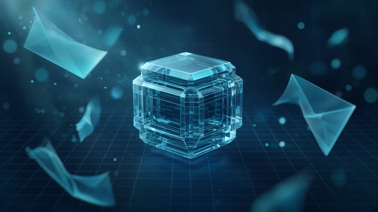 Sealed layered crystal knowledge block on dark teal grid; translucent envelope ribbons peel away unused