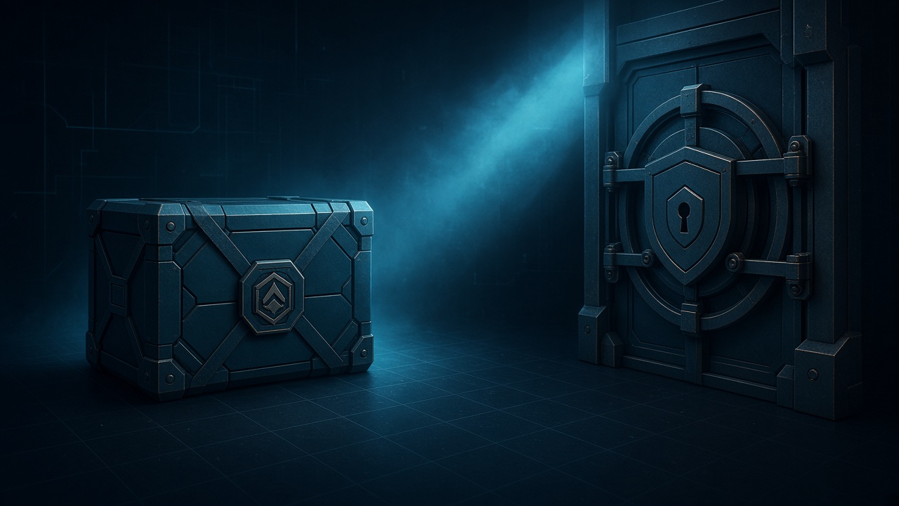 Abstract sealed deploy crate and arrow stopped at a locked capability gate on a dark teal forensic grid.