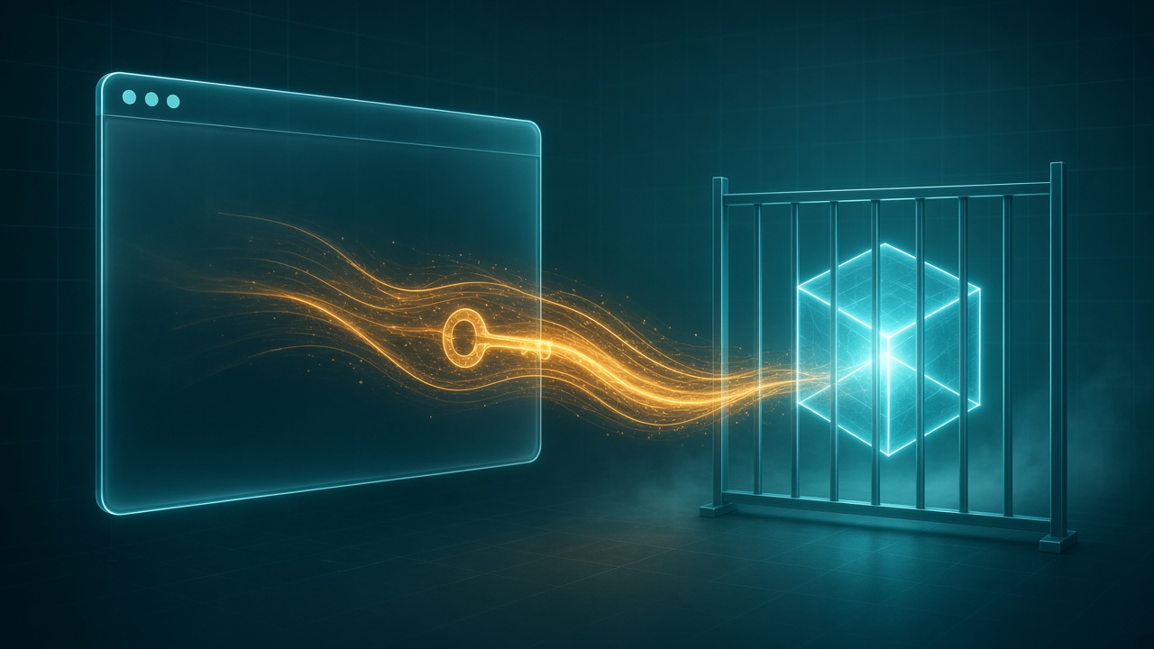 An amber key-shaped light stream flows out of a blank glowing browser window toward a closed cyan gate guarding a bright geometric cube on a dark teal grid