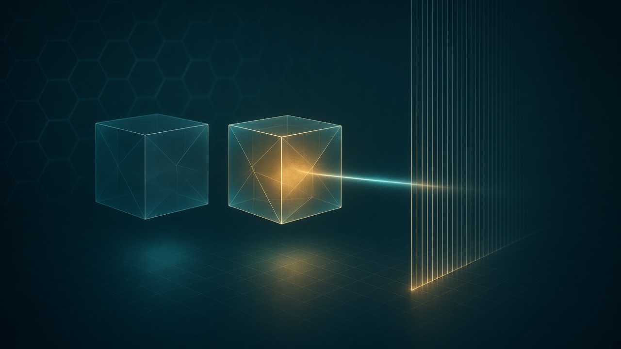 Two translucent glowing cubes on a dark teal forensic grid, the newer amber-lit one sending a beam that stops at a closed gate of fine lines