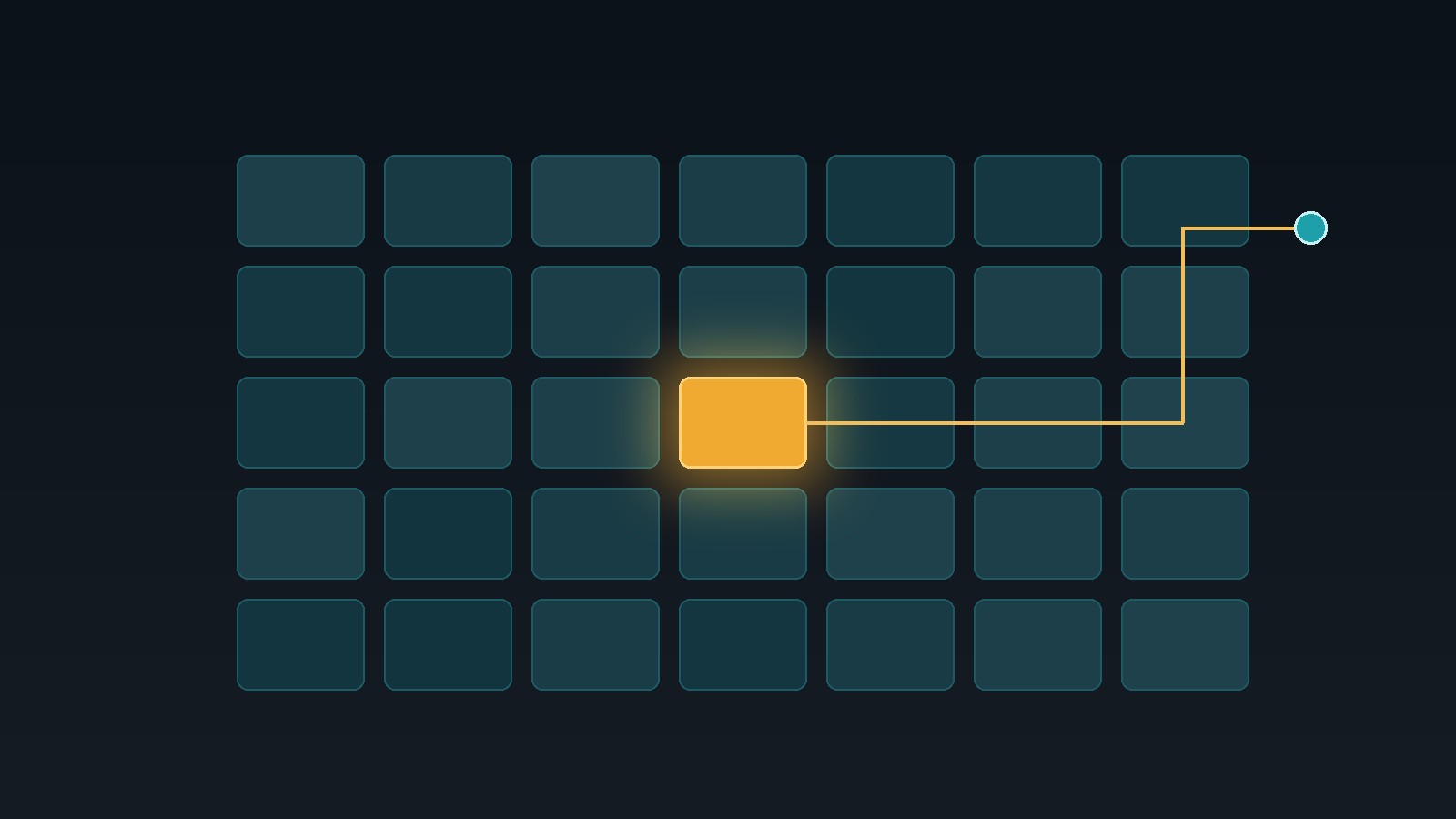 A grid of dark teal calendar tiles with one amber tile lit and a thin line linking it to a small node, on a dark background
