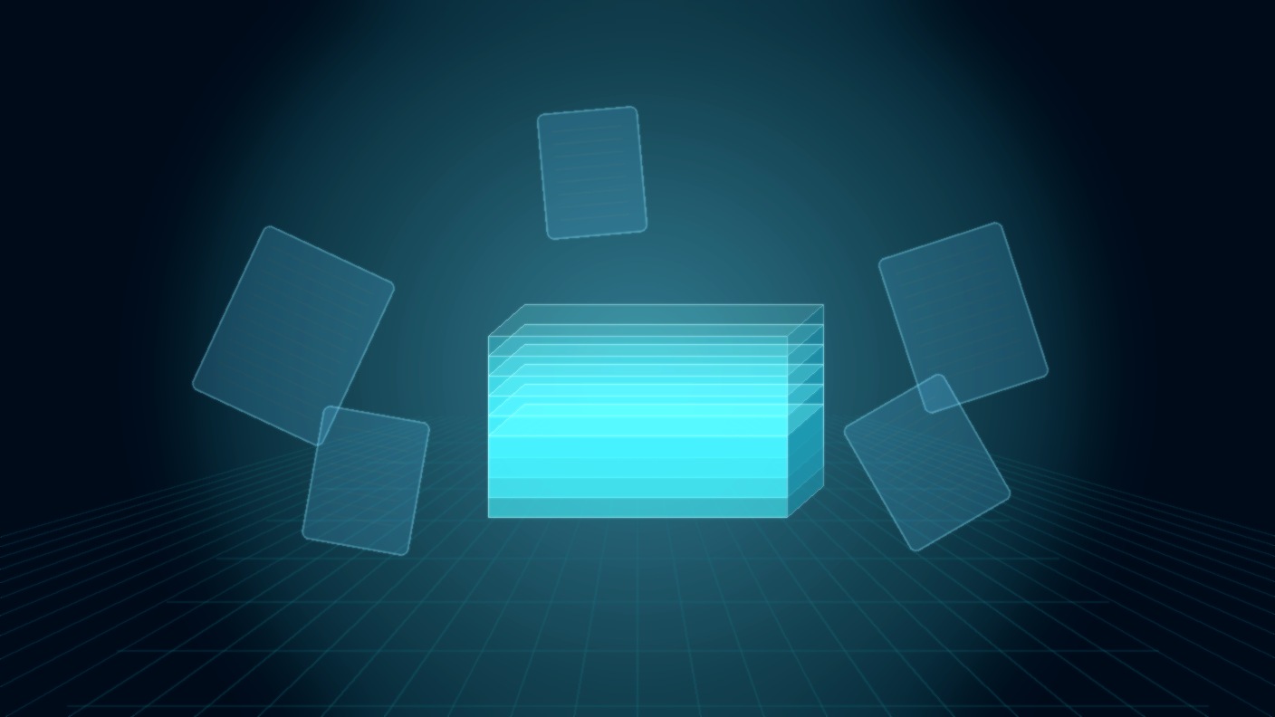 Sealed layered crystal knowledge block on dark teal grid; translucent wiki page ribbons peel away unused