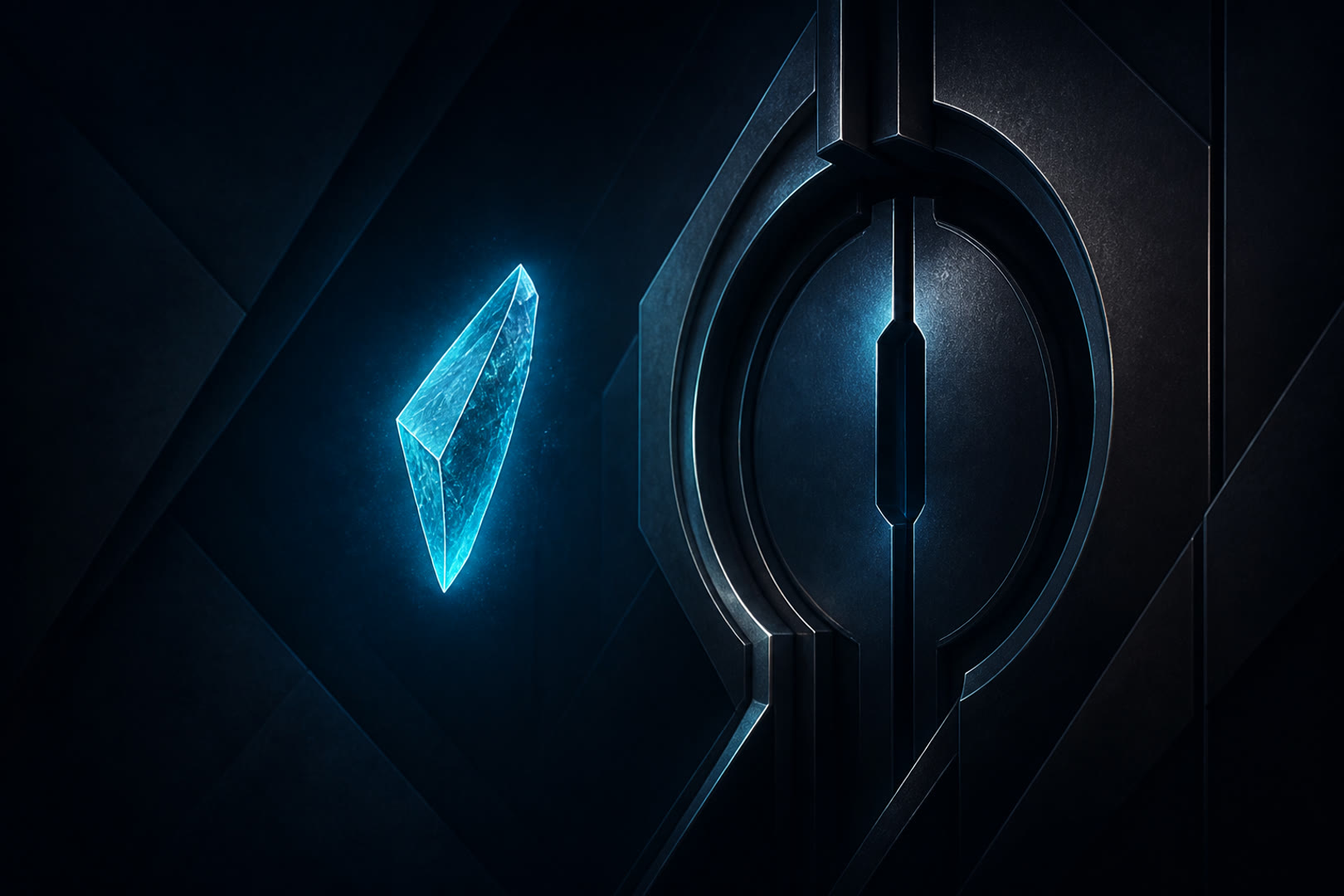 Abstract cyan shard before a sealed dark aperture — retrieval is not permission