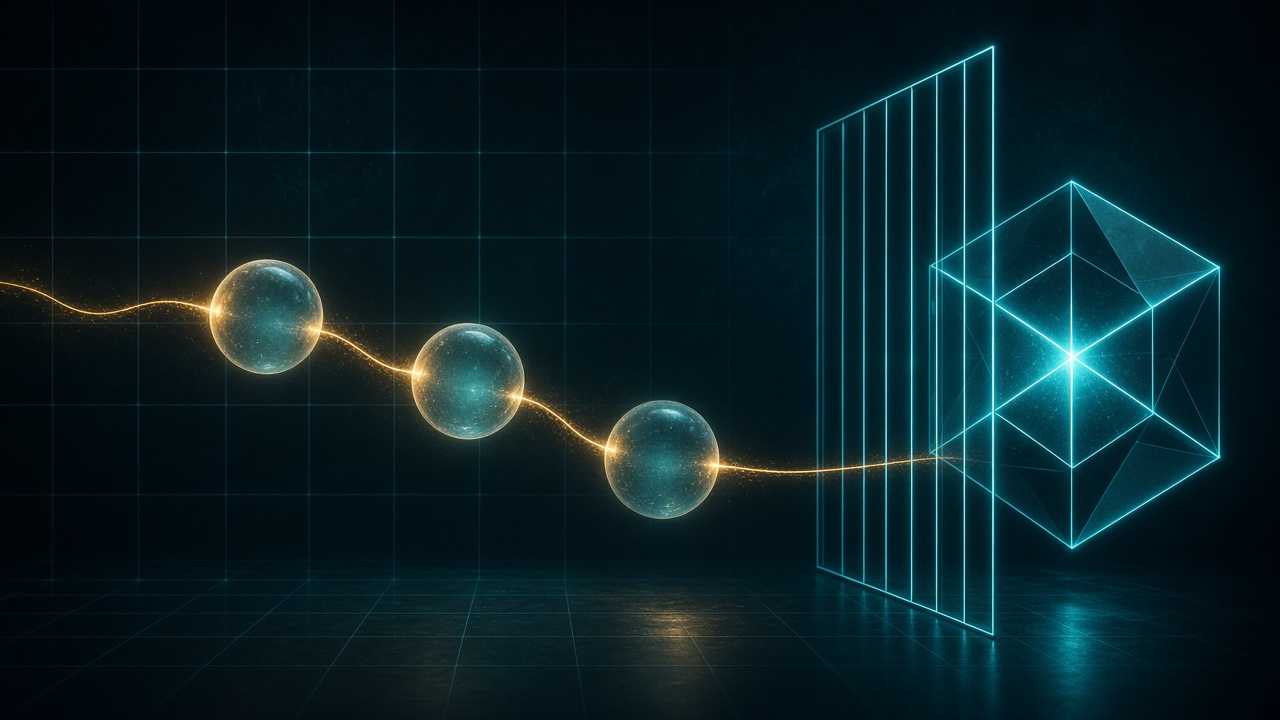 Three glowing orbs pass an amber thread toward a closed cyan line gate guarding a bright geometric cube on a dark teal grid