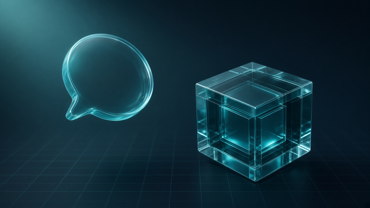 Floating translucent cyan chat bubble drifts away from a sealed layered crystal block on a dark teal grid
