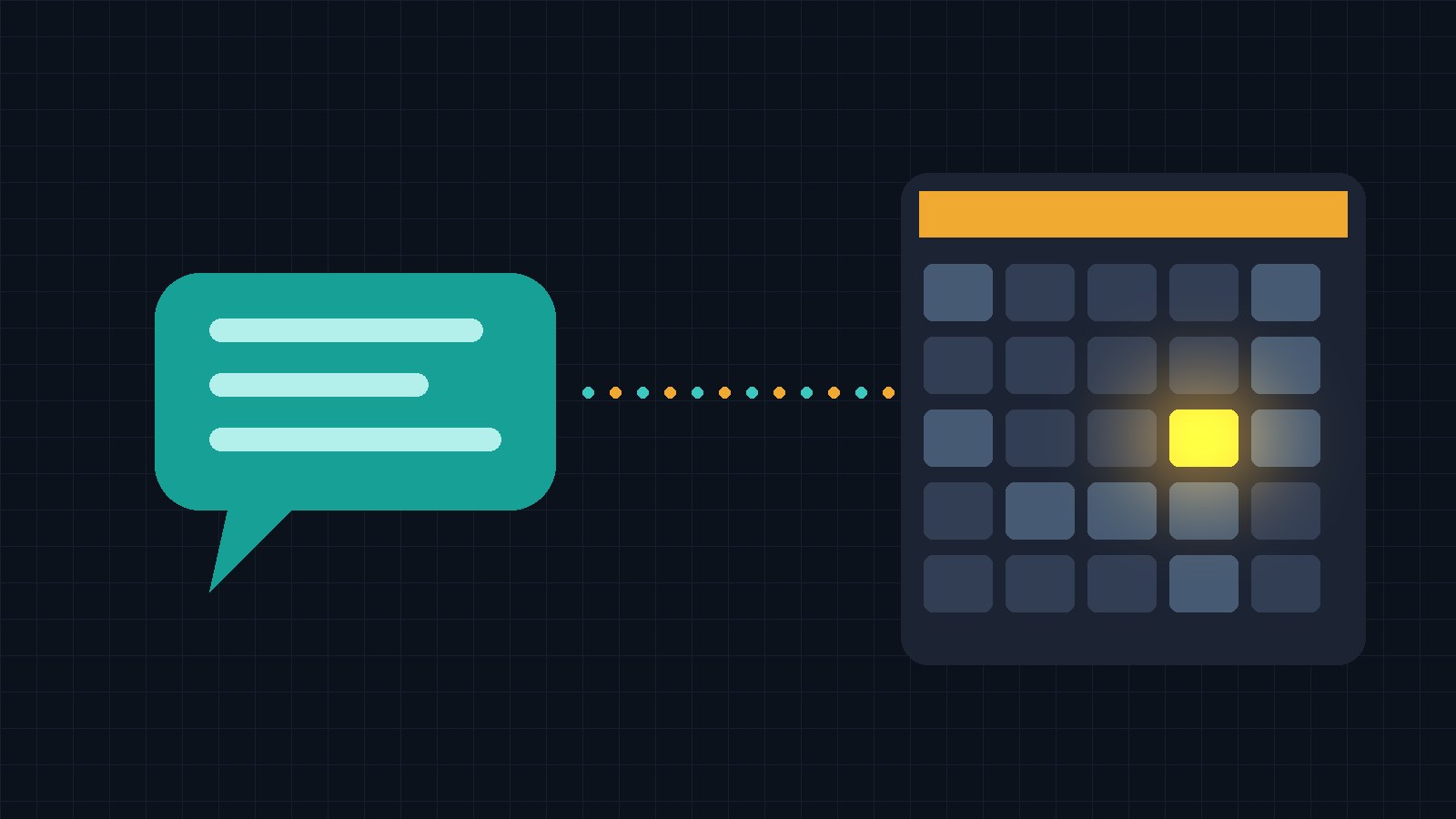 A teal chat bubble linking into an amber calendar grid with one highlighted time slot on a dark background