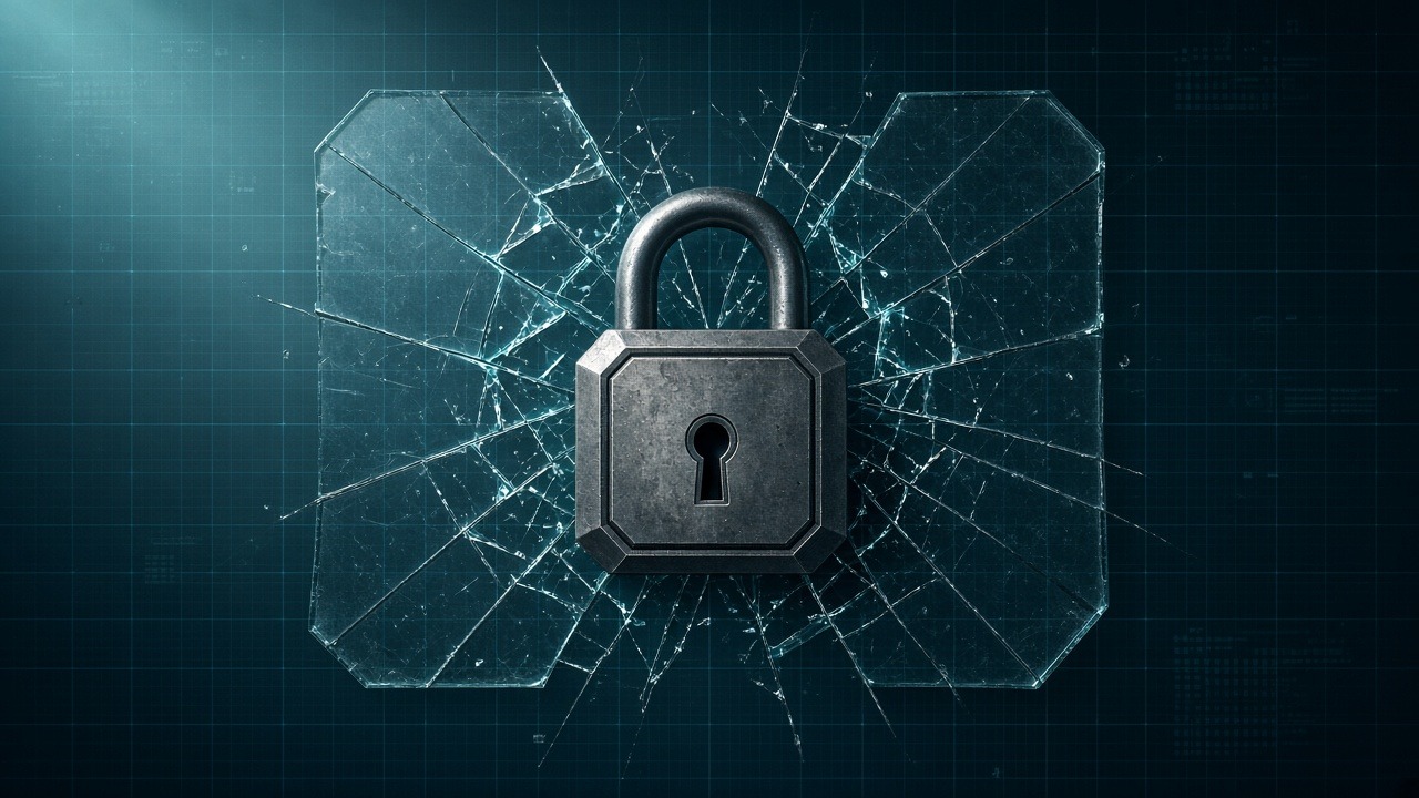 Abstract cracked glass seal stopped at a locked capability gate on a dark teal forensic grid