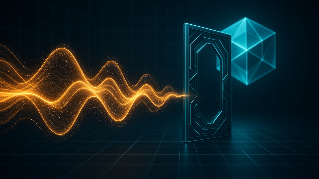 An amber sound waveform flows across a dark teal grid and stops at a closed cyan gate guarding a glowing geometric cube