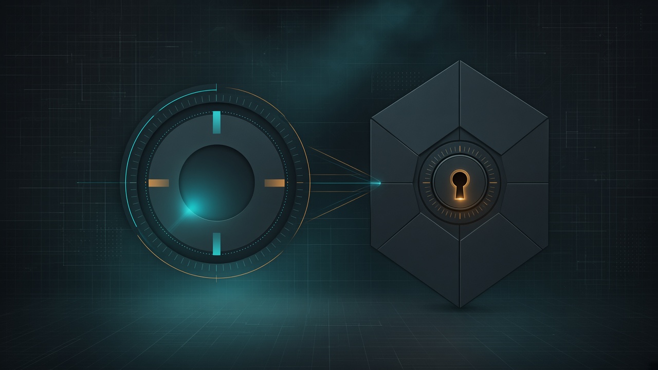 Abstract clock dial stopped at a locked capability gate on a dark teal forensic grid.