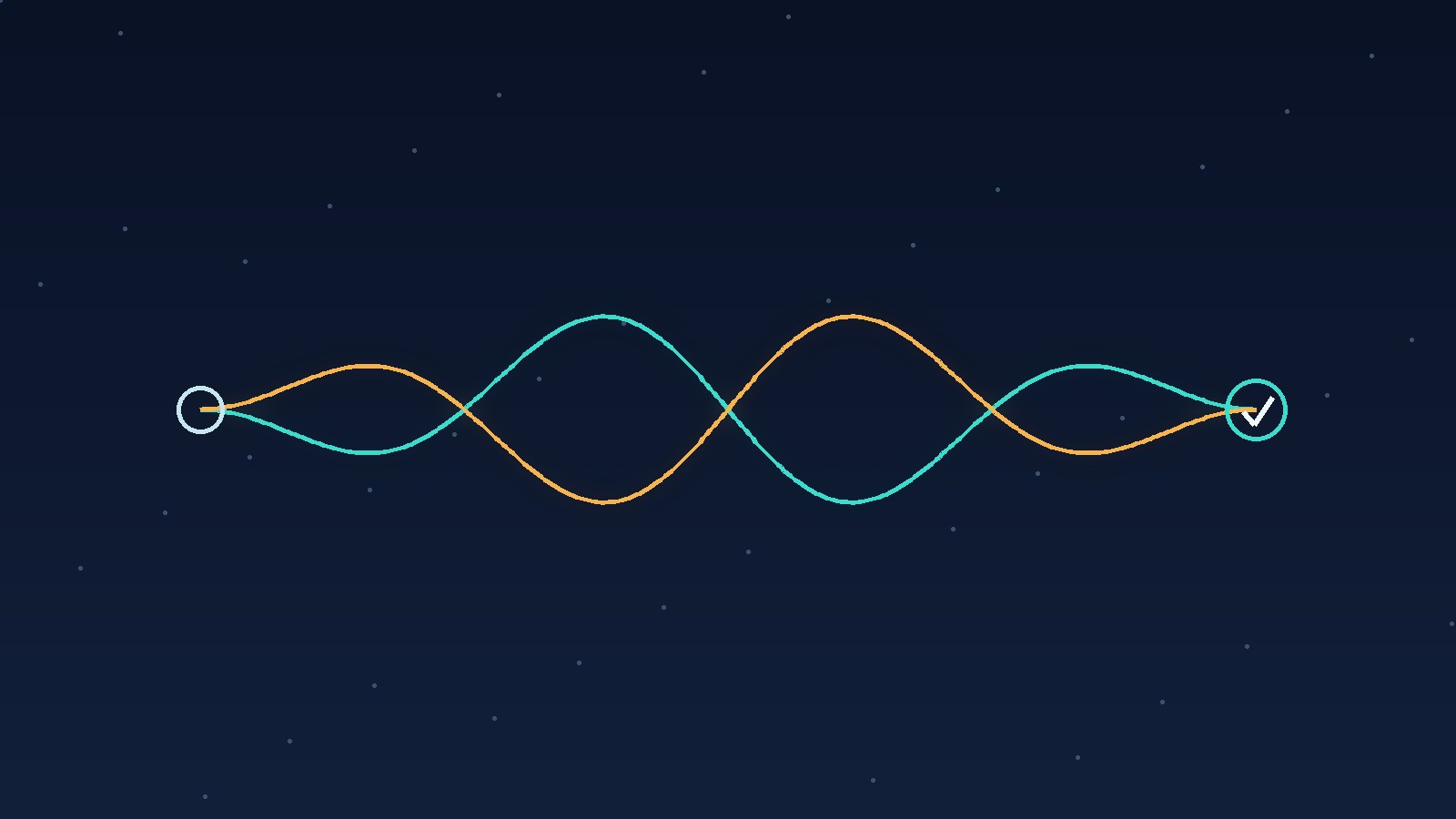 Dark navy field with two parallel teal and amber wave lines flowing from one source point and meeting at a single checkmark-like node